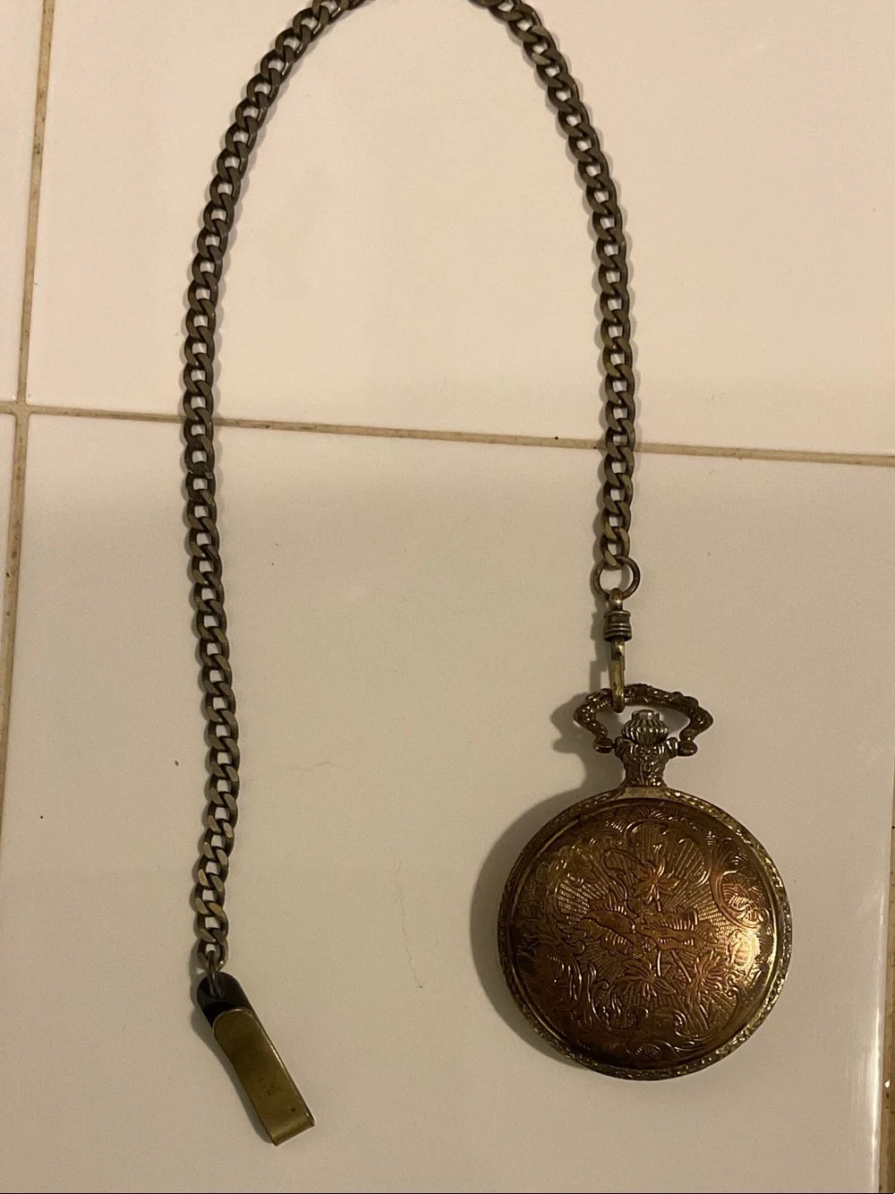 Antique-Style Pocket Watch Pendant with Chain in Aged Gold
